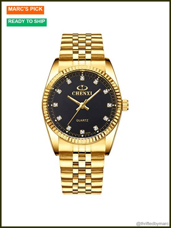 Classic Golden Stainless Steel Crystal Quartz Wrist Watch for Men Women